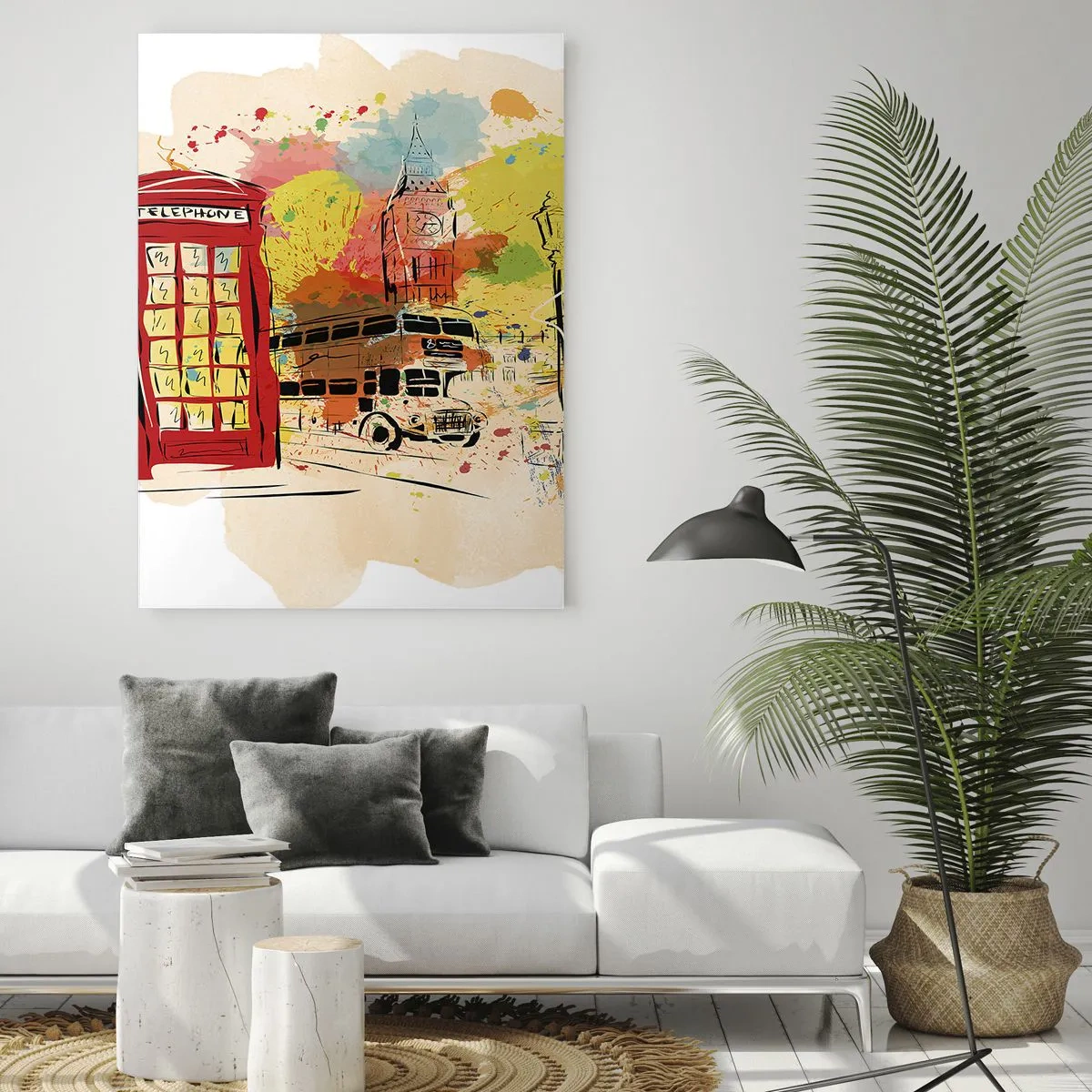 Glasbild - Bild auf glas - Eine rote Telefonzelle, ein Doppeldeckerbus und Big Ben - 50x70cm - Die Stadt der Vielfalt - Moderne Wanddekoration für Wohnzimmer und Schlafzimmer ARTTOR