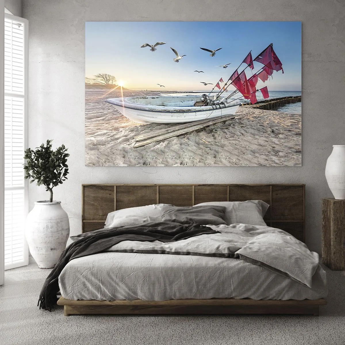 Glasbild - Bild auf glas - Fischerboot am Strand bei Sonnenaufgang - 120x80cm - Wohlverdiente Ruhe - Moderne Wanddekoration für Wohnzimmer und Schlafzimmer ARTTOR