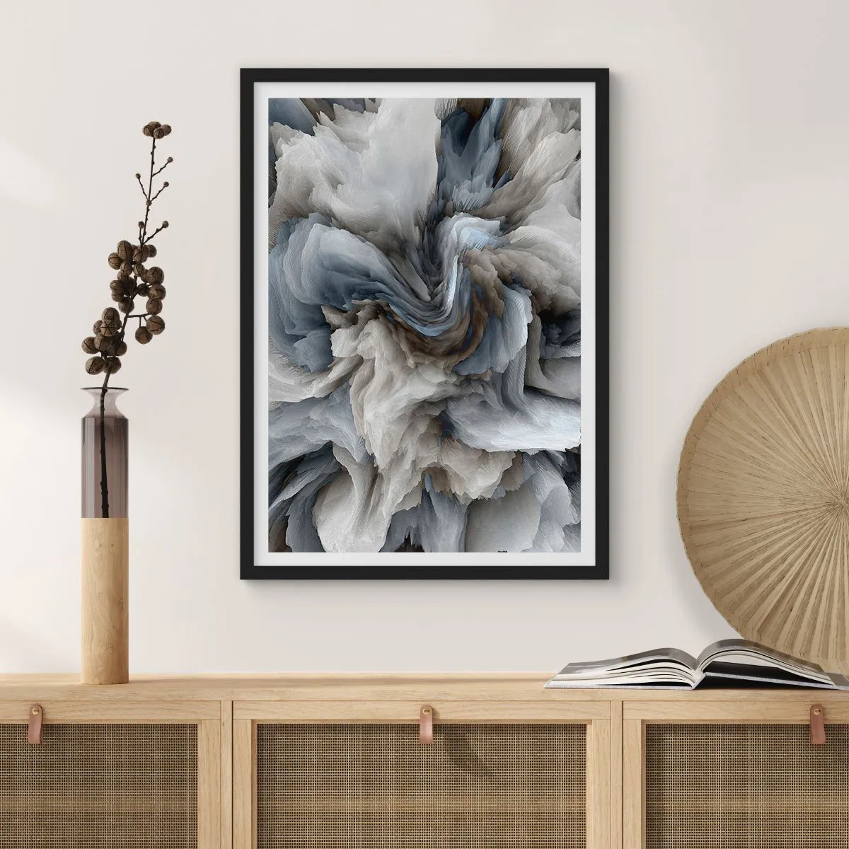 Poster in einem schwarzem Rahmen - Eine abstrakte Farbexplosion in Grau- und Blautönen. - 50x70cm - Stein und Blume - Moderne Wanddekoration für Wohnzimmer und Schlafzimmer ARTTOR