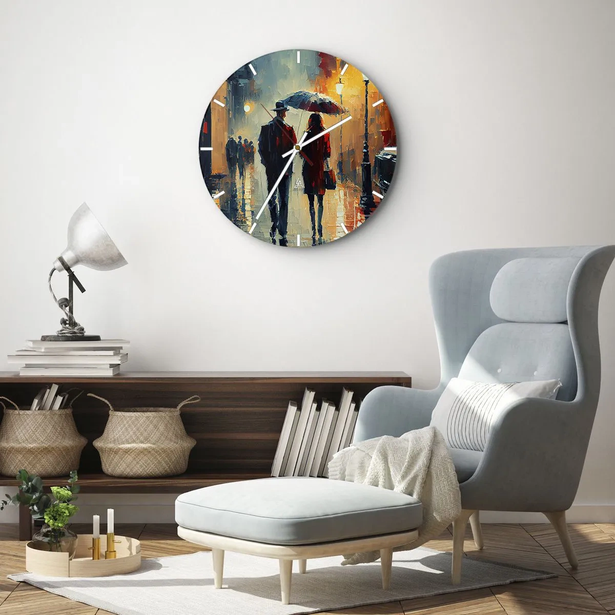 Wanduhr - Glasuhr - Ein Paar unter einem Regenschirm in einer städtischen Umgebung, gemalt mit einem Spachtel - 30x30cm - Urbane Liebesgeschichte - Moderne Wanddekoration für Wohnzimmer, Küche und Schlafzimmer ARTTOR