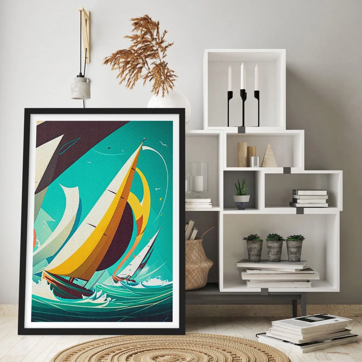 Poster in einem schwarzem Rahmen - Abstrakte Segelregatta auf stürmischer See - 50x70cm - Viel Glück mit den Elementen - Moderne Wanddekoration für Wohnzimmer und Schlafzimmer ARTTOR