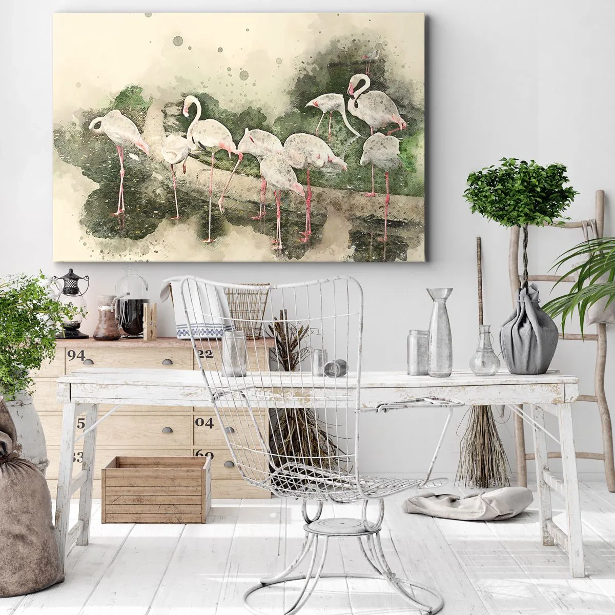 Bild auf Leinwand - Leinwandbild - Flamingos in ihrer natürlichen Umgebung im Aquarellstil - 70x50cm - Exotischer Traum - Moderne Wanddekoration für Wohnzimmer und Schlafzimmer ARTTOR