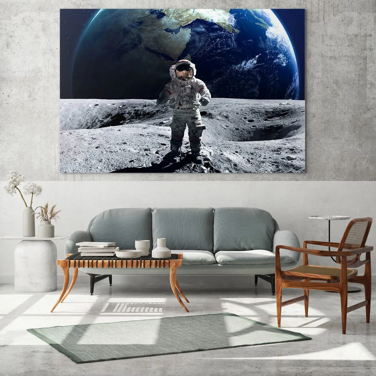Glasbild - Bild auf glas - Astronaut auf der Mondoberfläche mit der Erde im Hintergrund - 100x70cm - Grüße vom Mond - Moderne Wanddekoration für Wohnzimmer und Schlafzimmer ARTTOR