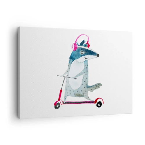 Bild auf Leinwand - Leinwandbild - Dachs auf einem Roller mit rosa Kopfhörern - 70x50cm - Dachsfreude - Moderne Wanddekoration für Wohnzimmer und Schlafzimmer ARTTOR