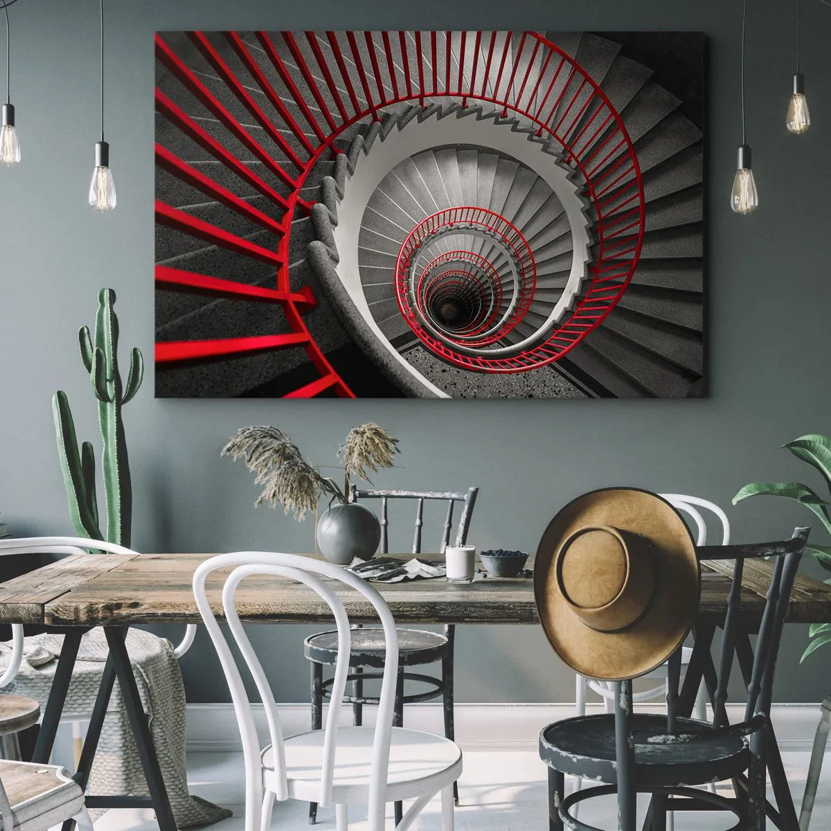 Bild auf Leinwand - Leinwandbild - Wendeltreppe mit roten Handläufen in dynamischer Perspektive - 70x50cm - Architekturspaß - Moderne Wanddekoration für Wohnzimmer und Schlafzimmer ARTTOR