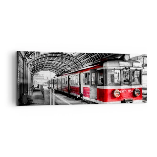 Bild auf Leinwand - Leinwandbild - Roter Zug am Bahnhof unter einem Dach - 140x50cm - Vielleicht ist es eine Reise Ihres Lebens? - Moderne Wanddekoration für Wohnzimmer und Schlafzimmer ARTTOR