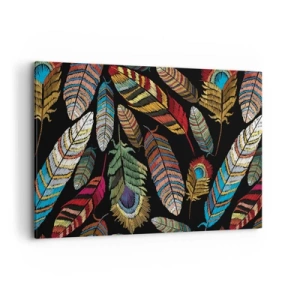 Bild auf Leinwand - Leinwandbild - Bunte Federn auf schwarzem Hintergrund - 100x70cm - Der Vogelkarneval - Moderne Wanddekoration für Wohnzimmer und Schlafzimmer ARTTOR