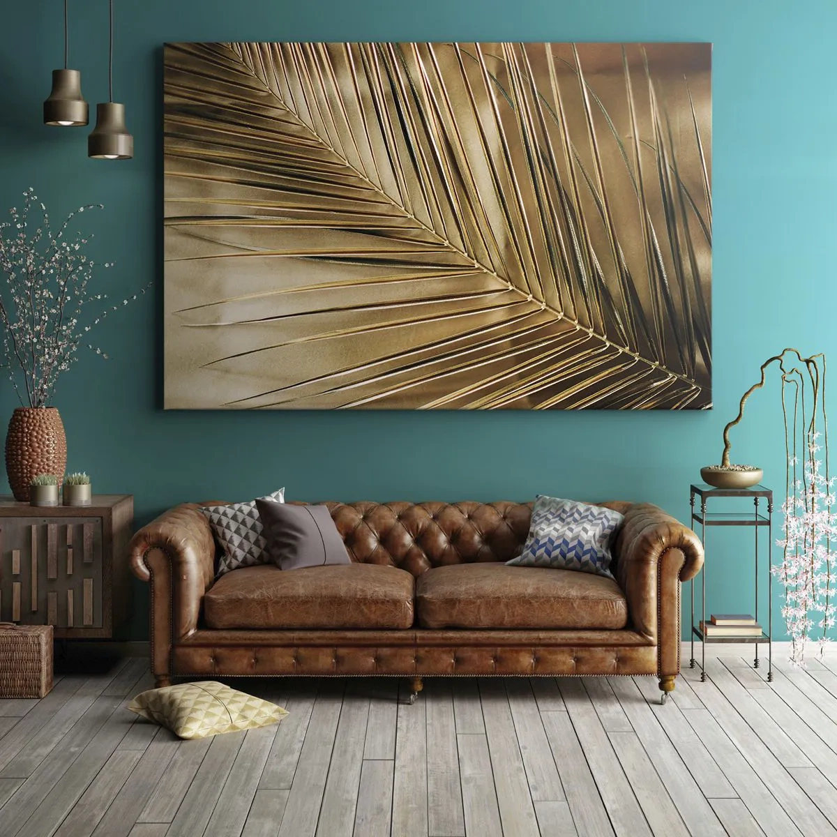 Bild auf Leinwand - Leinwandbild - Goldenes Palmblatt auf einem einfarbigen Hintergrund - 70x50cm - Natürliche Kolonnade - Moderne Wanddekoration für Wohnzimmer und Schlafzimmer ARTTOR