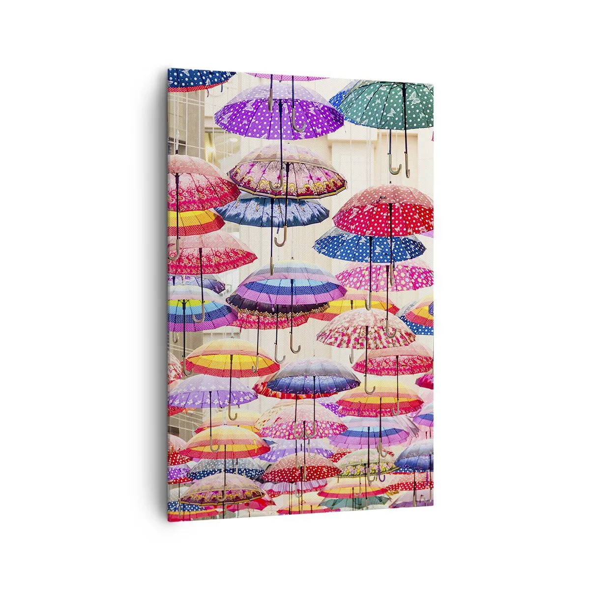 Bild auf Leinwand - Leinwandbild - Bunte Regenschirme schweben in der Luft - 80x120cm - Stadtwiese - Moderne Wanddekoration für Wohnzimmer und Schlafzimmer ARTTOR