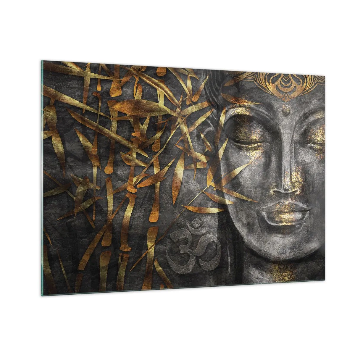 Glasbild - Bild auf glas - Goldenes Buddha-Bild vor einem Bambus-Hintergrund - 100x70cm - Fühle den Frieden - Moderne Wanddekoration für Wohnzimmer und Schlafzimmer ARTTOR