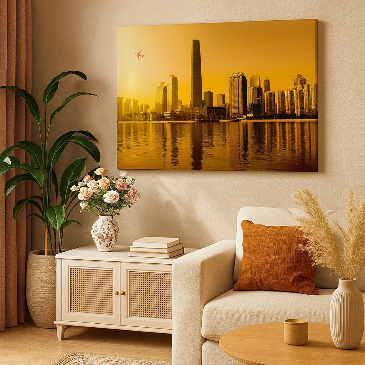Bild auf Leinwand - Leinwandbild - Stadtpanorama bei Sonnenuntergang mit Wolkenkratzern und einem Flugzeug - 70x50cm - Die goldene Stadt - Moderne Wanddekoration für Wohnzimmer und Schlafzimmer ARTTOR