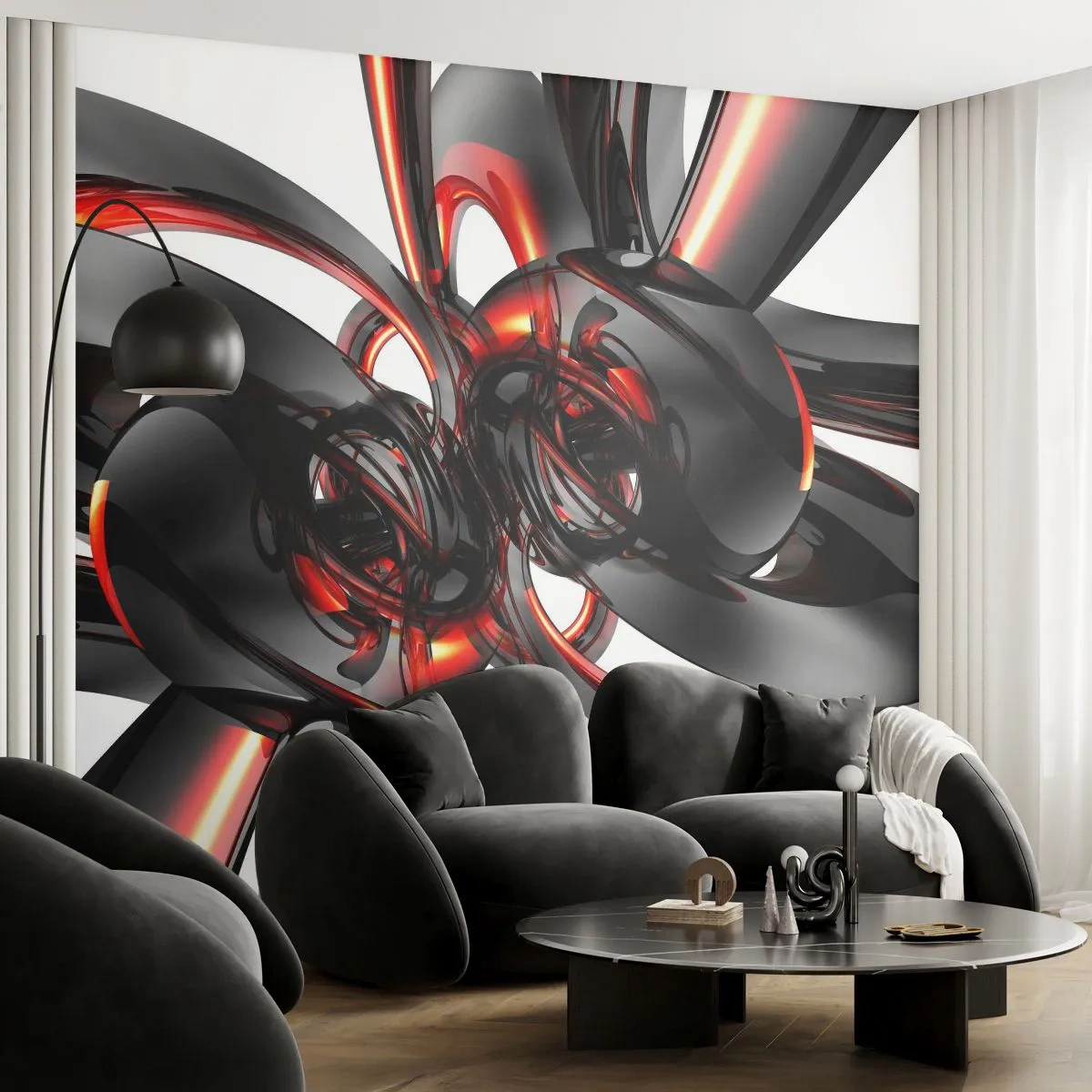 Fototapete Premium Sand - Uhrwerk in Graphit und Rot - Abstraktion, 3D, Stück - 150x105 cm