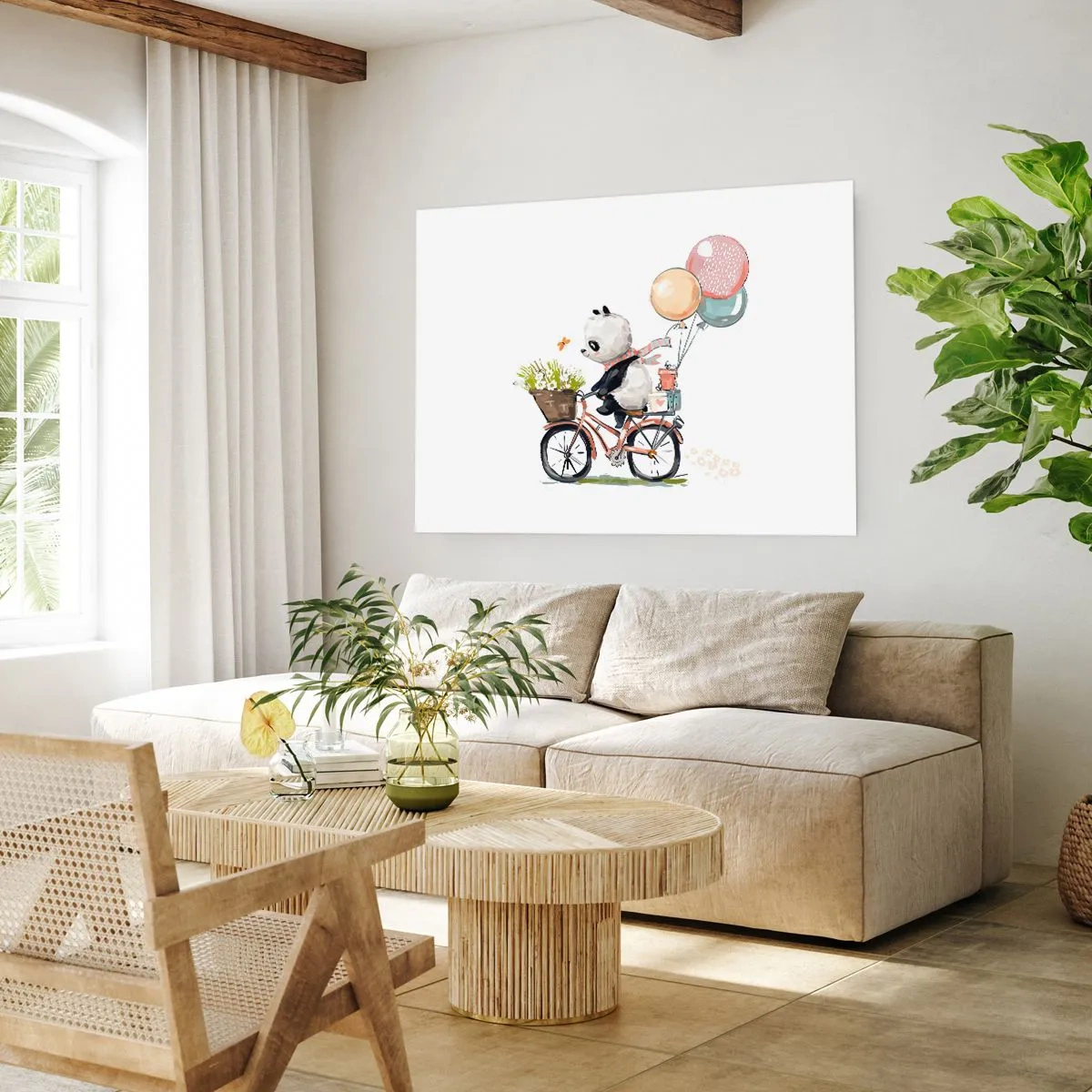 Poster - Panda auf einem Fahrrad mit Luftballons und Blumen - 100x70cm - Glücklicher Tag - Moderne Wanddekoration für Wohnzimmer und Schlafzimmer ARTTOR