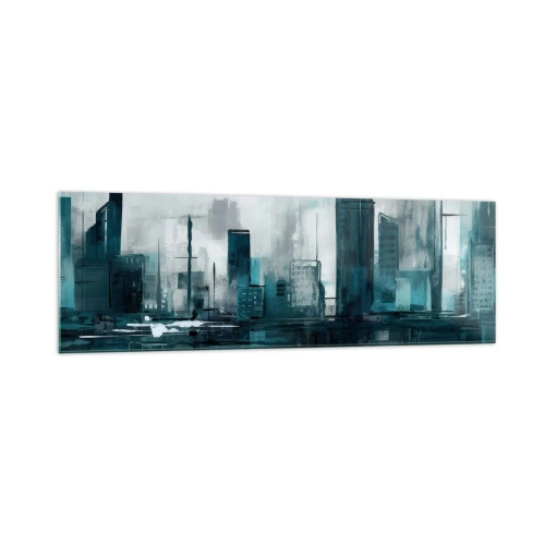 Glasbild - Bild auf glas - Eine moderne Stadt in Türkis- und Grautönen - 160x50cm - Eine Stadt in der Farbe des Regens - Moderne Wanddekoration für Wohnzimmer und Schlafzimmer ARTTOR