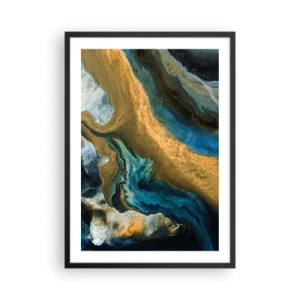 Poster in einem schwarzem Rahmen - Eine abstrakte Komposition in Gold- und Blautönen. - 50x70cm - Blau - Gelb - gegenseitige Beeinflussung - Moderne Wanddekoration für Wohnzimmer und Schlafzimmer ARTTOR