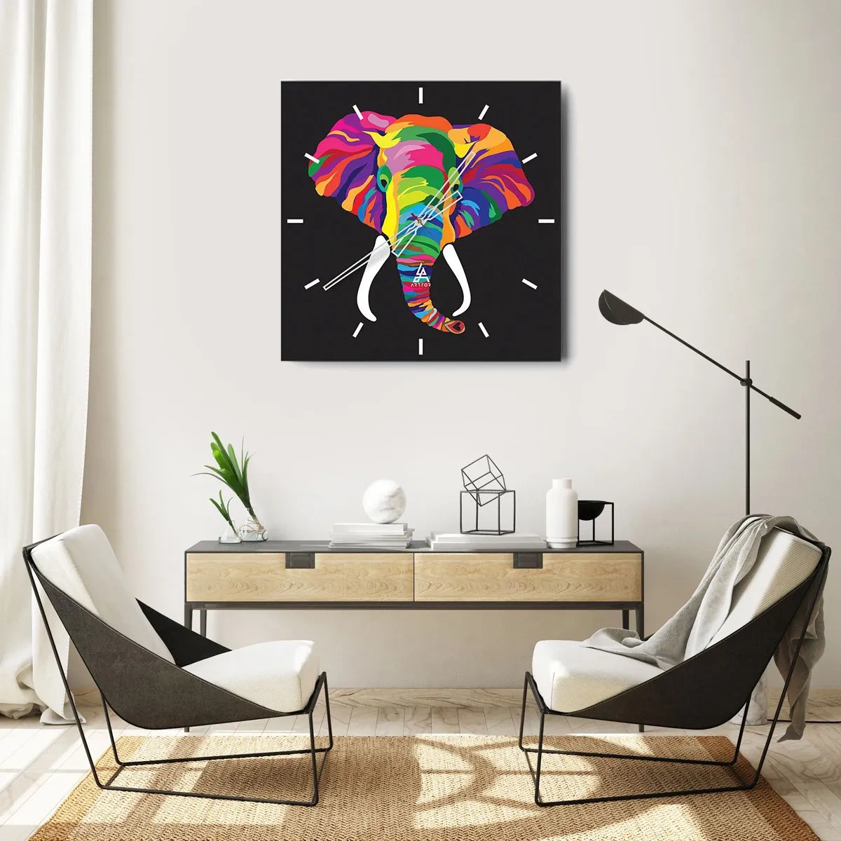 Wanduhr - Glasuhr - Ein buntes Bild eines Elefanten auf schwarzem Hintergrund - 30x30cm - Der Elefant, der es liebte, im Regenbogen zu baden - Moderne Wanddekoration für Wohnzimmer und Schlafzimmer ARTTOR