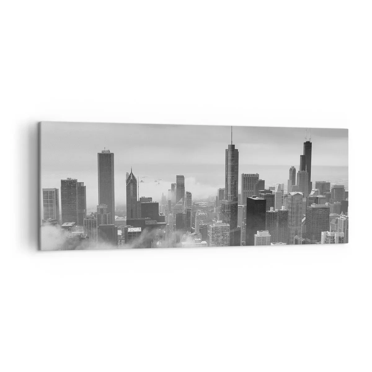Bild auf Leinwand - Leinwandbild - Stadtpanorama mit Wolkenkratzern in den Wolken in Schwarzweiß - 140x50cm - Amerikanische Landschaft - Moderne Wanddekoration für Wohnzimmer und Schlafzimmer ARTTOR