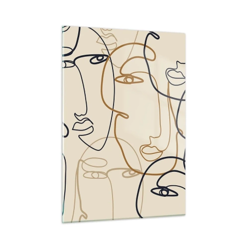 Glasbild - Bild auf glas - Konturierte Gesichter in einem Strich auf Beige gezeichnet - 50x70cm - Das Porträt wird multipliziert - Moderne Wanddekoration für Wohnzimmer und Schlafzimmer ARTTOR