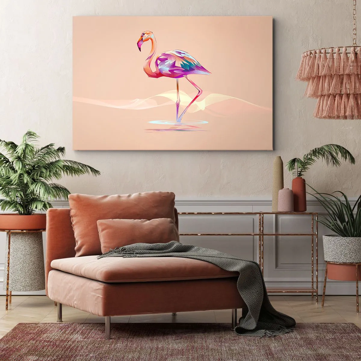 Bild auf Leinwand - Leinwandbild - Ein abstrakter Flamingo in hellen Pastellfarben. - 70x50cm - Der Vogel der guten Gefühle - Moderne Wanddekoration für Wohnzimmer und Schlafzimmer ARTTOR