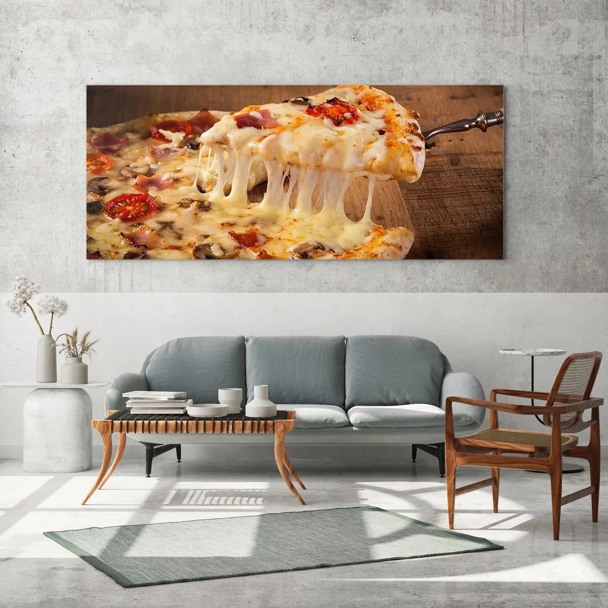 Glasbild - Bild auf glas - Pizza mit faserigem Käse - 160x50cm - Ein Meisterwerk der italienischen Kunst - Moderne Wanddekoration für Wohnzimmer und Schlafzimmer ARTTOR