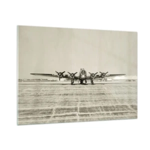 Glasbild - Bild auf glas - Historisches Flugzeug auf dem Flughafen im Sepia-Stil - 100x70cm - Wie immer bereit - Moderne Wanddekoration für Wohnzimmer und Schlafzimmer ARTTOR