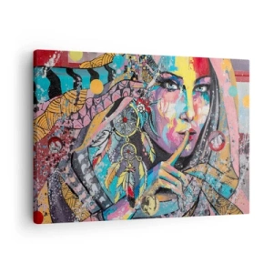 Bild auf Leinwand - Leinwandbild - Buntes weibliches Gesicht im künstlerischen Stil - 70x50cm - Sei still, bis du verstehst - Moderne Wanddekoration für Wohnzimmer und Schlafzimmer ARTTOR