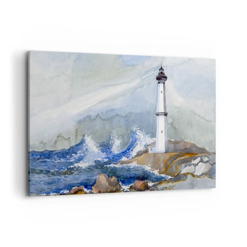 Bild auf Leinwand - Leinwandbild - Ein Leuchtturm an einer felsigen Küste mit rauer See - 120x80cm - Gegen die Dunkelheit und den Sturm - Moderne Wanddekoration für Wohnzimmer und Schlafzimmer ARTTOR