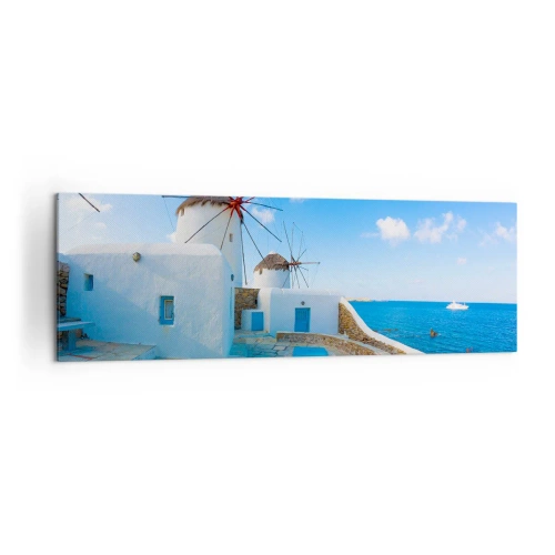 Bild auf Leinwand - Leinwandbild - Weiße Windmühlen an den Ufern des blauen Meeres - 160x50cm - Der blaue Wind vom Meer - Moderne Wanddekoration für Wohnzimmer und Schlafzimmer ARTTOR