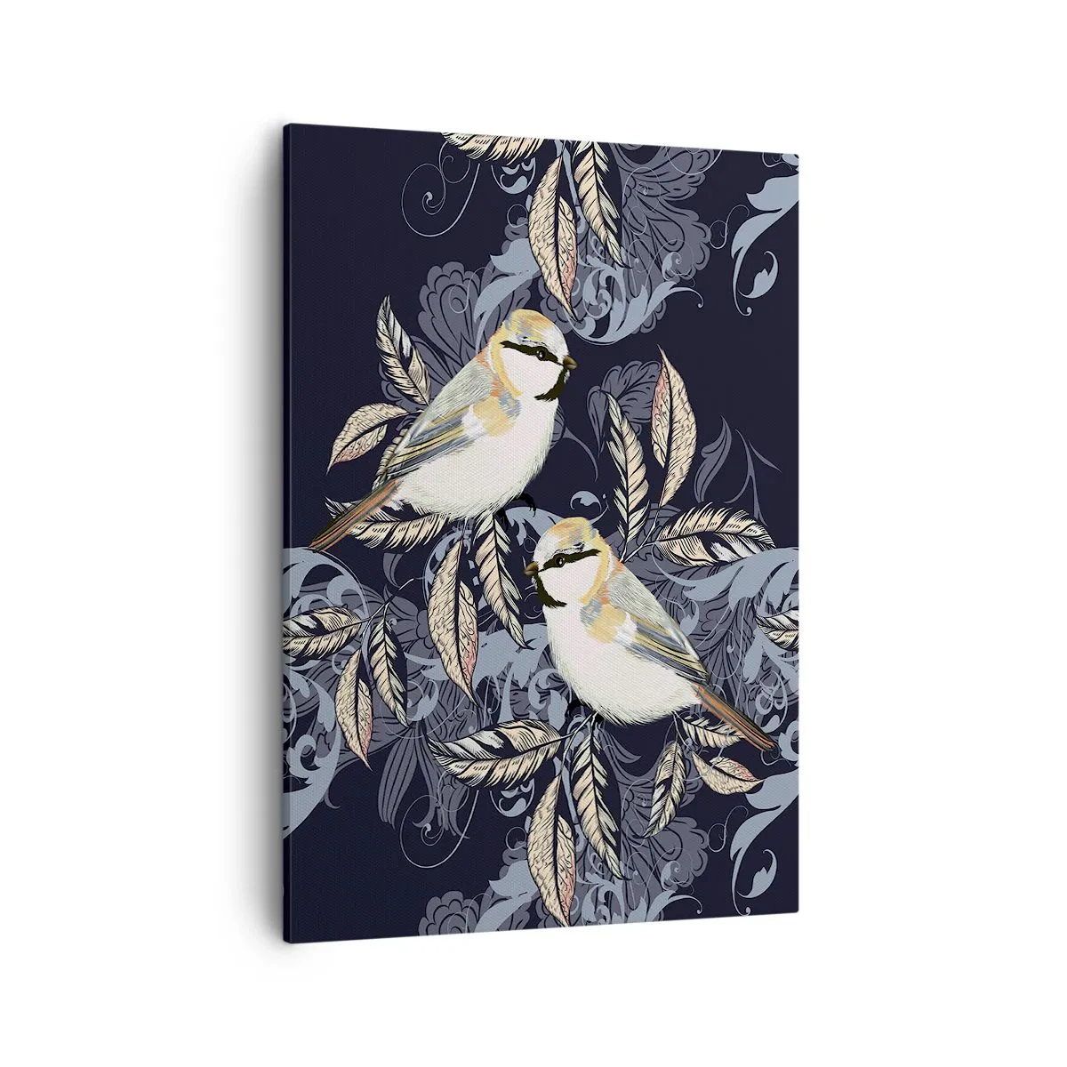 Bild auf Leinwand - Leinwandbild - Vögel auf Zweigen vor ornamentalem Hintergrund - 50x70cm - Gelb-blauer Triller - Moderne Wanddekoration für Wohnzimmer und Schlafzimmer ARTTOR