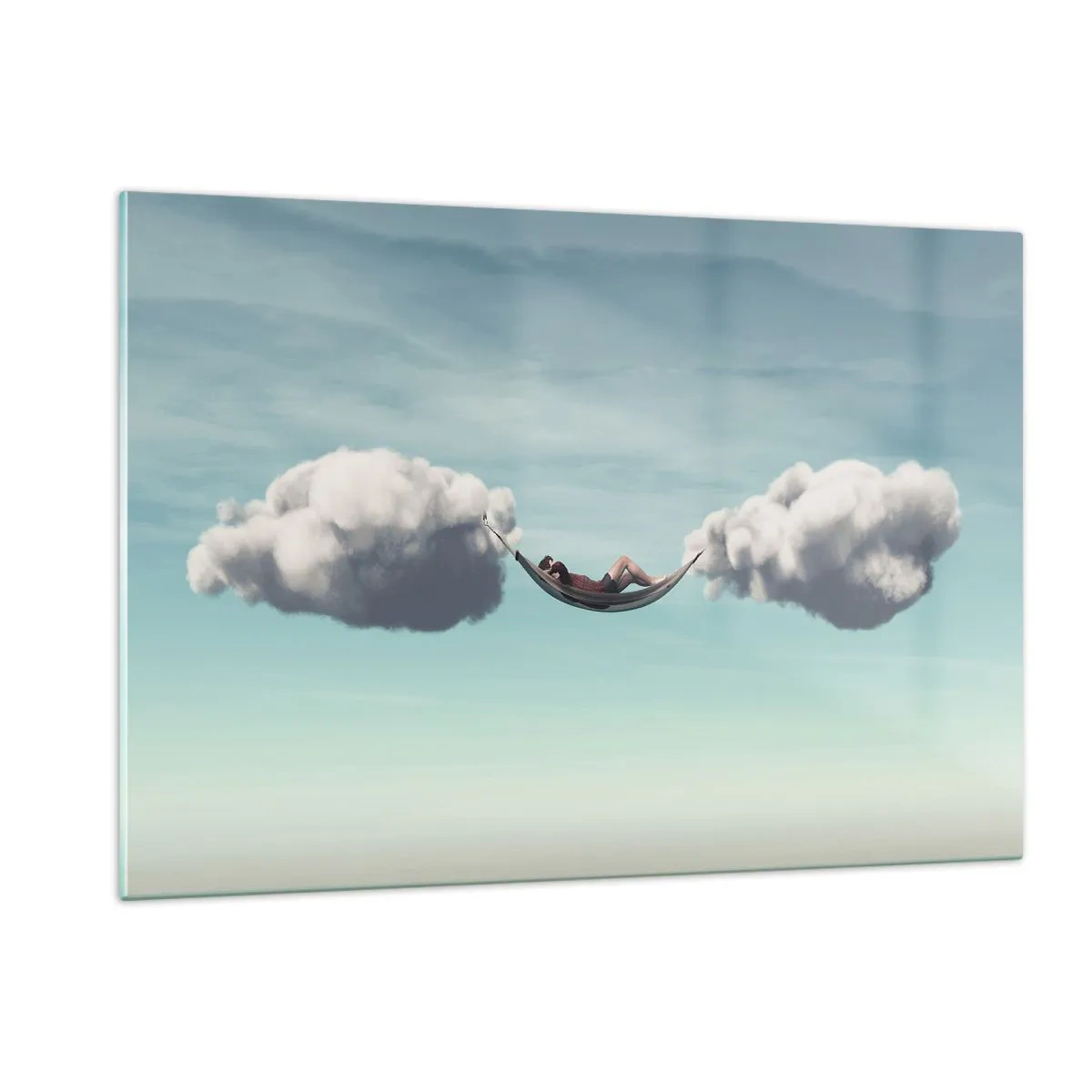 Glasbild - Bild auf glas - Wolkenhängematten in einem blauen Himmel - 120x80cm - Die Behaglichkeit des Augenblicks - Moderne Wanddekoration für Wohnzimmer und Schlafzimmer ARTTOR