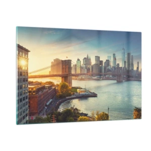 Glasbild - Bild auf glas - New York City-Panorama mit Brooklyn Bridge - 120x80cm - Morgendämmerung der Großstadt - Moderne Wanddekoration für Wohnzimmer und Schlafzimmer ARTTOR