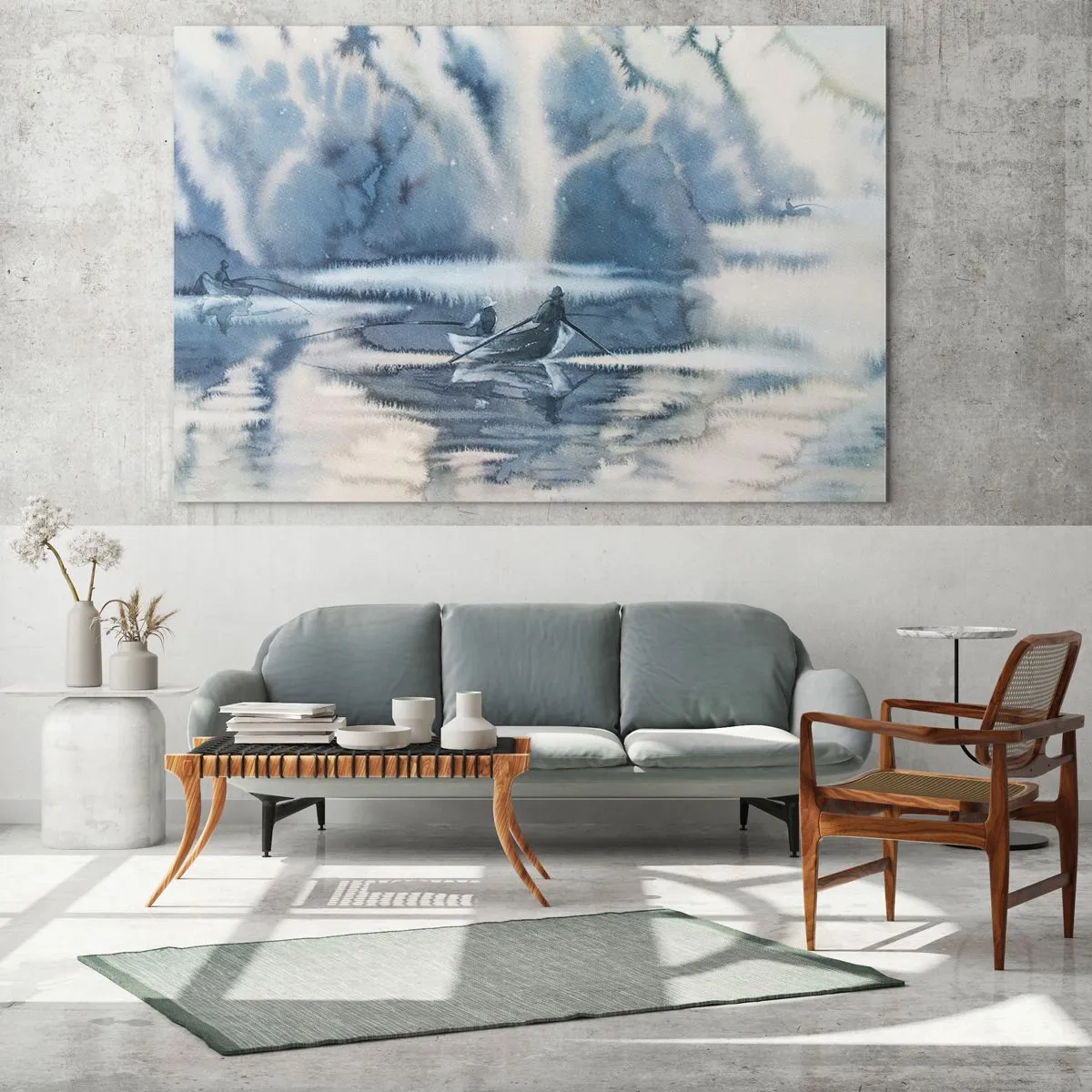 Glasbild - Bild auf glas - Zwei Fischer auf einem Boot, umgeben von einer nebligen Landschaft - 70x50cm - Angler in ihrem Paradies - Moderne Wanddekoration für Wohnzimmer und Schlafzimmer ARTTOR