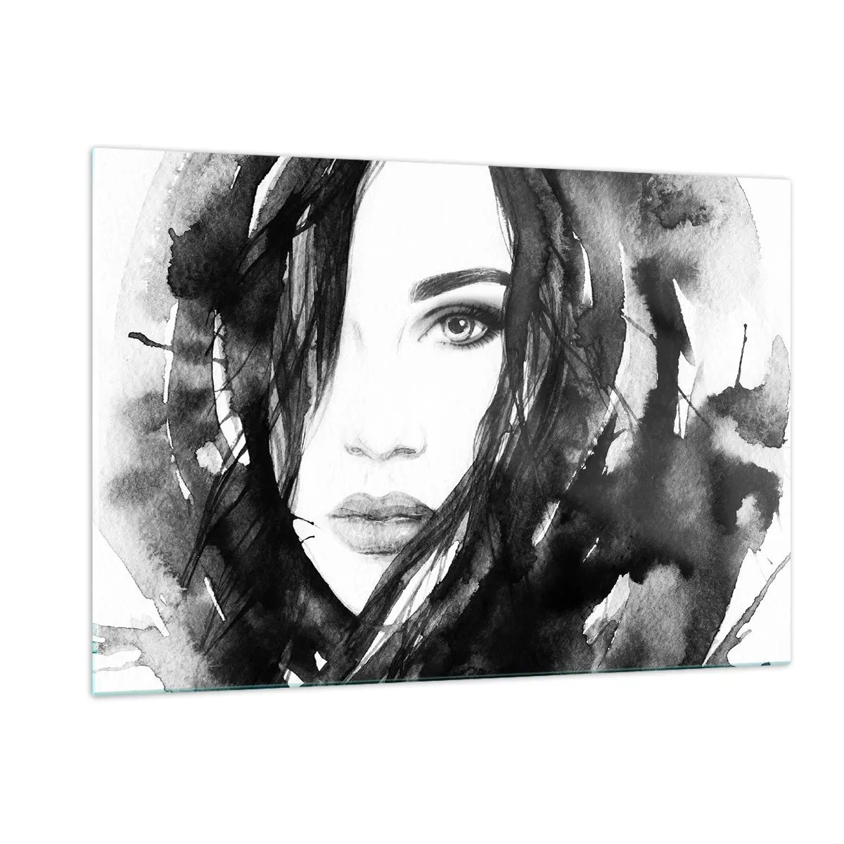 Glasbild - Bild auf glas - Weibliche Schwarz-Weiß-Aquarellporträts - 120x80cm - Porträt einer Dame in Schwarzweiß - Moderne Wanddekoration für Wohnzimmer und Schlafzimmer ARTTOR