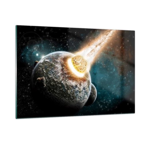 Glasbild - Bild auf glas - Ein Planet kollidiert mit einem Meteoriten - 120x80cm - Holocaust oder Geburt? - Moderne Wanddekoration für Wohnzimmer und Schlafzimmer ARTTOR