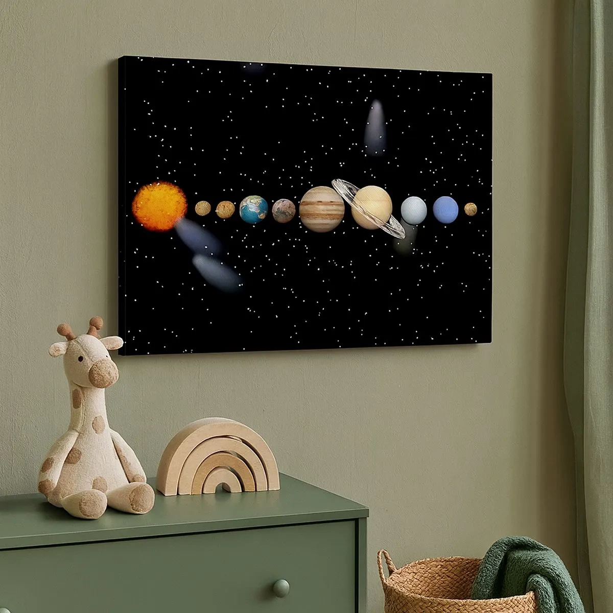 Bild auf Leinwand - Leinwandbild - Das Sonnensystem mit Planeten vor dem Hintergrund der Sterne im Weltraum - 70x50cm - Und die Planeten werden verrückt und toben ... - Moderne Wanddekoration für Wohnzimmer und Schlafzimmer ARTTOR