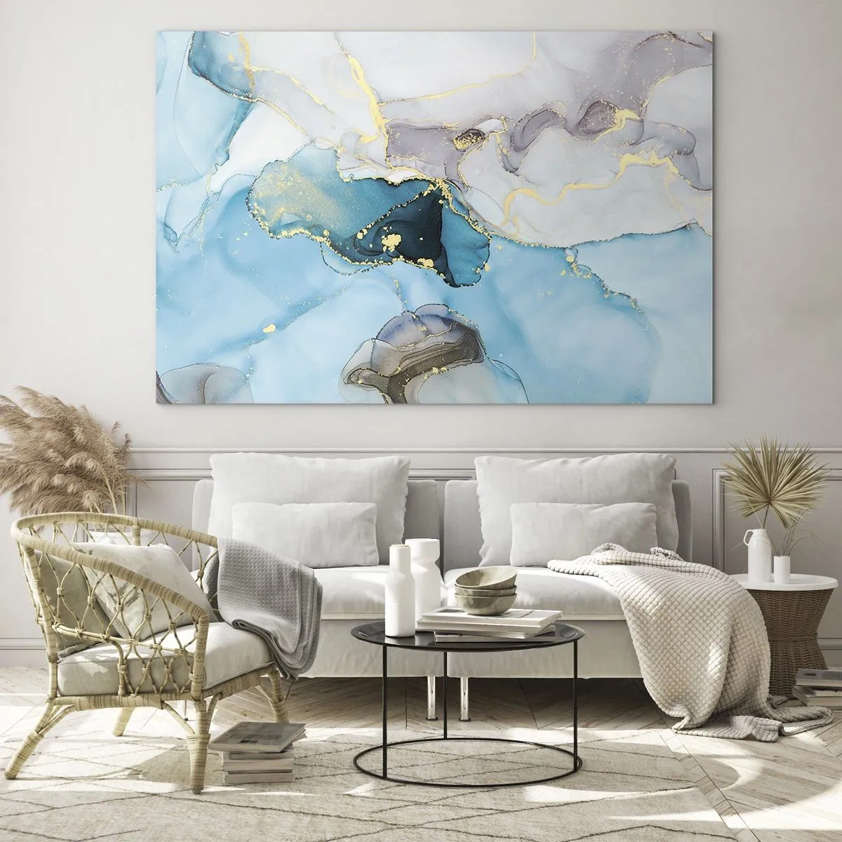 Glasbild - Bild auf glas - Türkis- und graue Wellen mit goldenen Akzenten - 120x80cm - Eine Studie über das Zusammentreffen von Grau und Türkis - Moderne Wanddekoration für Wohnzimmer und Schlafzimmer ARTTOR