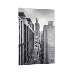 Glasbild - Bild auf glas - Schwarz-weiße Stadtansicht mit Wolkenkratzern und einer Straße - 50x70cm - Warschauer Tal - Moderne Wanddekoration für Wohnzimmer und Schlafzimmer ARTTOR