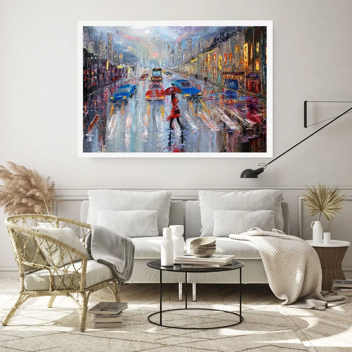 Poster - Eine Frau mit einem Regenschirm auf einer verregneten Straße im Neonlicht. - 100x70cm - Regnerischer Nachmittag in der Stadt - Moderne Wanddekoration für Wohnzimmer und Schlafzimmer ARTTOR