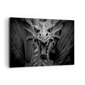 Bild auf Leinwand - Leinwandbild - Ein bedrohlicher Drachenkopf in Schwarz-Weiß mit ausdrucksstarken Details. - 120x80cm - Ein märchenhafter Drache in Grau - Moderne Wanddekoration für Wohnzimmer und Schlafzimmer ARTTOR