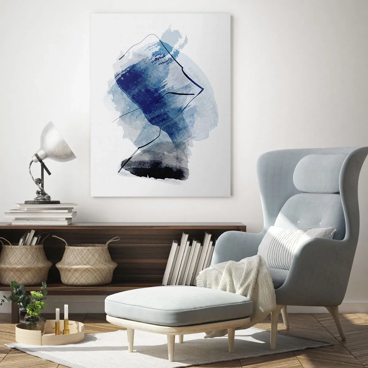 Glasbild - Bild auf glas - Abstrakte Formen in Blautönen mit zarten Linien - 70x100cm - Eisberg - Moderne Wanddekoration für Wohnzimmer und Schlafzimmer ARTTOR