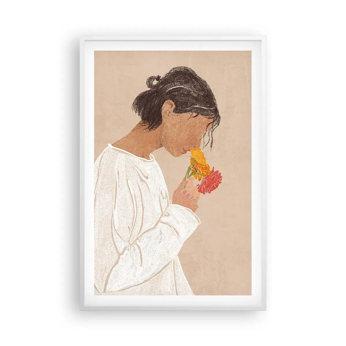 Poster in einem weißen Rahmen - Mädchen und Blumen - 61x91 cm