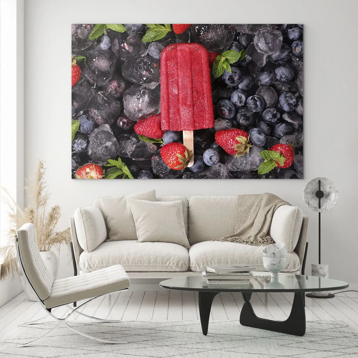 Glasbild - Bild auf glas - Ein Eisstiel zwischen gefrorenen Früchten und Minzblättern - 100x70cm - So schmeckt der heiße Sommer - Moderne Wanddekoration für Wohnzimmer und Schlafzimmer ARTTOR