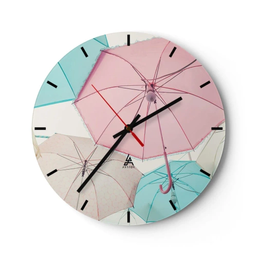 Wanduhr - Glasuhr - Regenschirme in Pastellfarben - 30x30cm - Mal Sonne, mal Regen - Moderne Wanddekoration für Wohnzimmer, Küche und Schlafzimmer ARTTOR