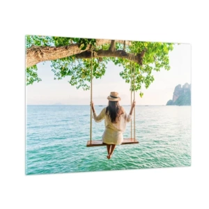 Glasbild - Bild auf glas - Frau auf einer Schaukel am Meer in tropischer Umgebung - 70x50cm - Das Leben ist wunderschön - Moderne Wanddekoration für Wohnzimmer und Schlafzimmer ARTTOR
