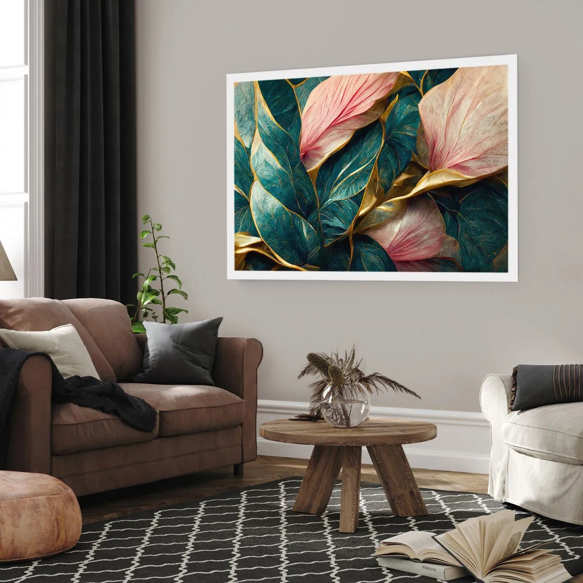 Poster - Elegante Blätter in Grün, Gold und Pink - 100x70cm - Natürliche Eleganz und Stil - Moderne Wanddekoration für Wohnzimmer und Schlafzimmer ARTTOR