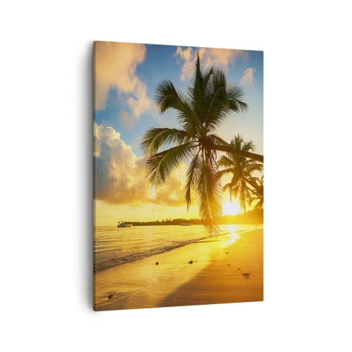 Bild auf Leinwand - Leinwandbild - Sonnenuntergang am Strand mit Palmen an der Küste - 50x70cm - Karibischer Traum - Moderne Wanddekoration für Wohnzimmer und Schlafzimmer ARTTOR