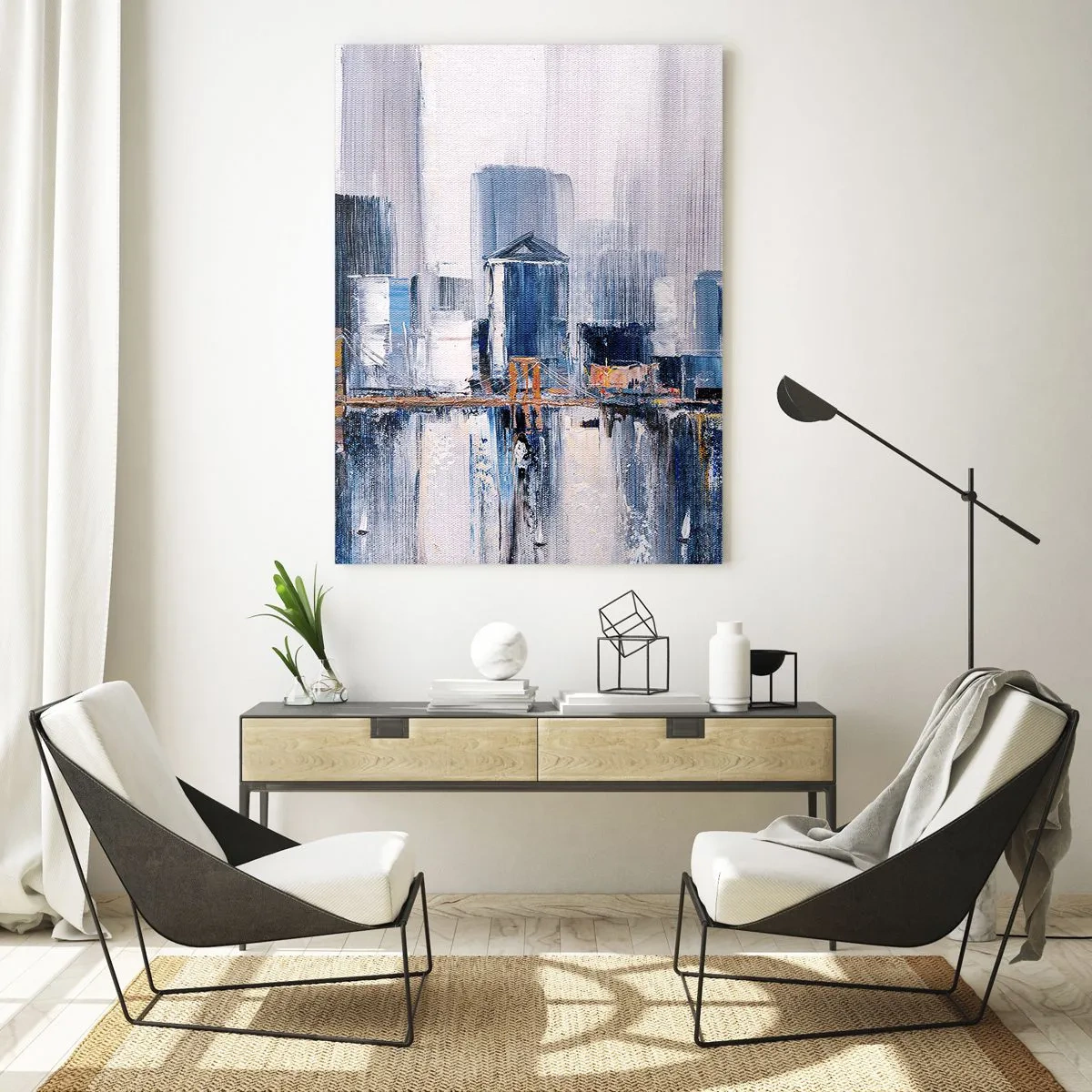 Glasbild - Bild auf glas - Abstraktes Stadtpanorama mit Wolkenkratzern und einer Brücke in kühlen Farben - 50x70cm - New Yorker Eindruck - Moderne Wanddekoration für Wohnzimmer und Schlafzimmer ARTTOR