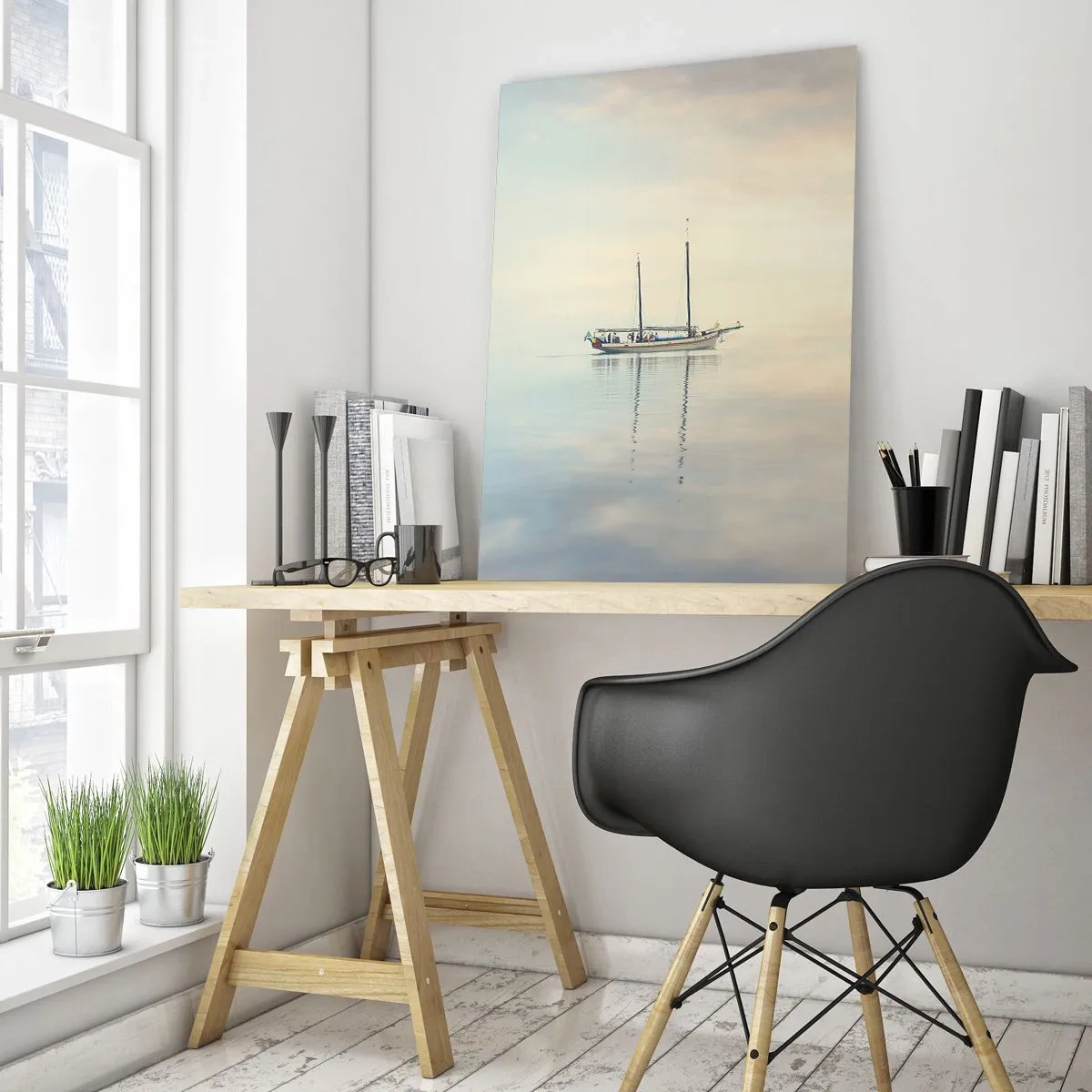 Glasbild - Bild auf glas - Ein Boot auf ruhiger See in sanftem Licht - 80x120cm - Im Meer der Stille - Moderne Wanddekoration für Wohnzimmer und Schlafzimmer ARTTOR