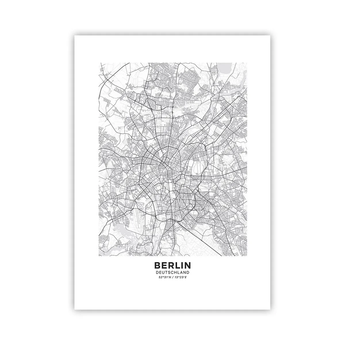 Poster - Eine schwarz-weiße Karte von Berlin mit genau eingezeichneten Straßen. - 50x70cm - Berliner Blume - Moderne Wanddekoration für Wohnzimmer und Schlafzimmer ARTTOR