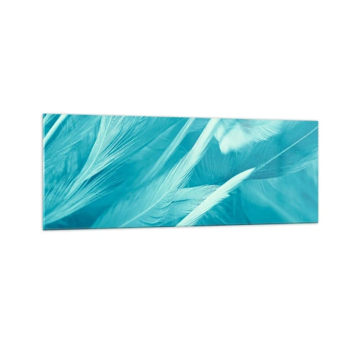 Glasbild - Bild auf glas - Zarte türkisfarbene Federn in Nahaufnahme - 140x50cm - In Pulver ertrinken - Moderne Wanddekoration für Wohnzimmer und Schlafzimmer ARTTOR